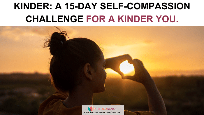Photo used to promote KINDER self-compassion challenge. A person has their hands in a heart shape position. One can see the sunset on the background of the heart shape. 