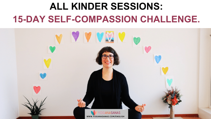 All sessions kinder self-compassion challenge, Ana crossed-legs seated making heart shape with her fingers having a colorful rainbow of hearts above her.