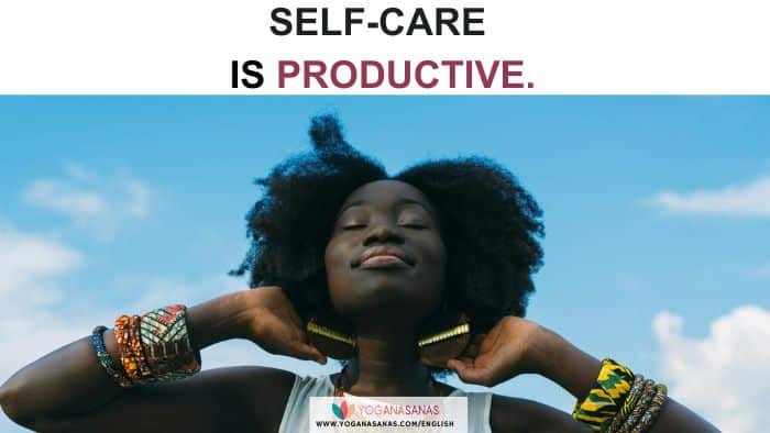 Top title "Self-care is productive". In the middle of the picture there is a person with a smily face, arms bended and hand behind their neck. It has a blue sky background.