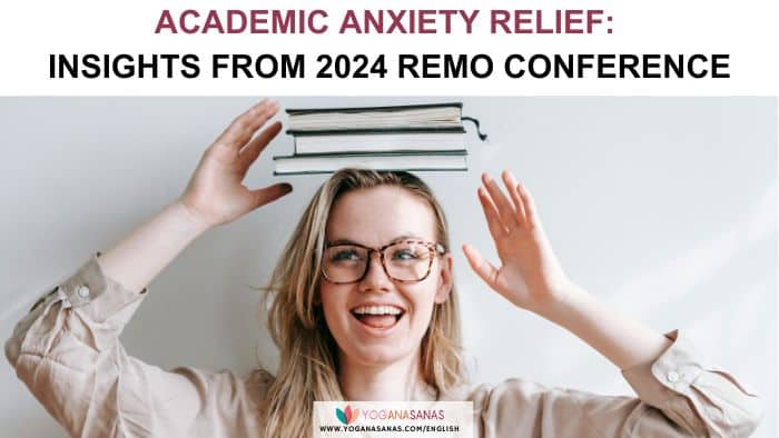 Title at the top: academic anxiety relief: insights from 2024 ReMO conference. Below the title a person wearing glasses smiles, while balancing 3 books on their head.