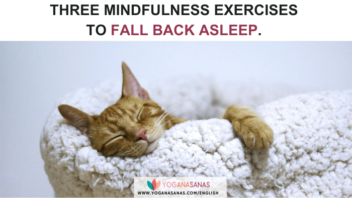 Top title: three mindfulness exercises to fall back asleep. Below the title there is an orange cat sleeping.